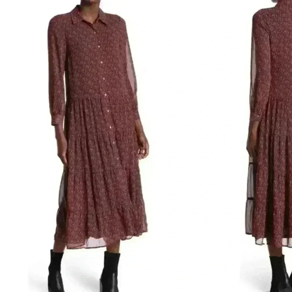 DR2 Collared Long Sleeve Floral  Tiered maxi Shirt Dress Red Wine Sz Medium - Picture 1 of 10